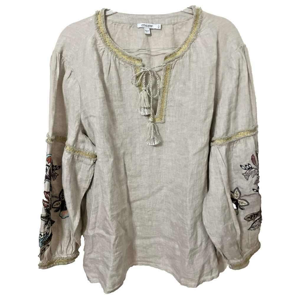 Chico's Women's Blouse Sz 4 XXL Long Sleeve Linen Floral Embroidered Boho Artsy